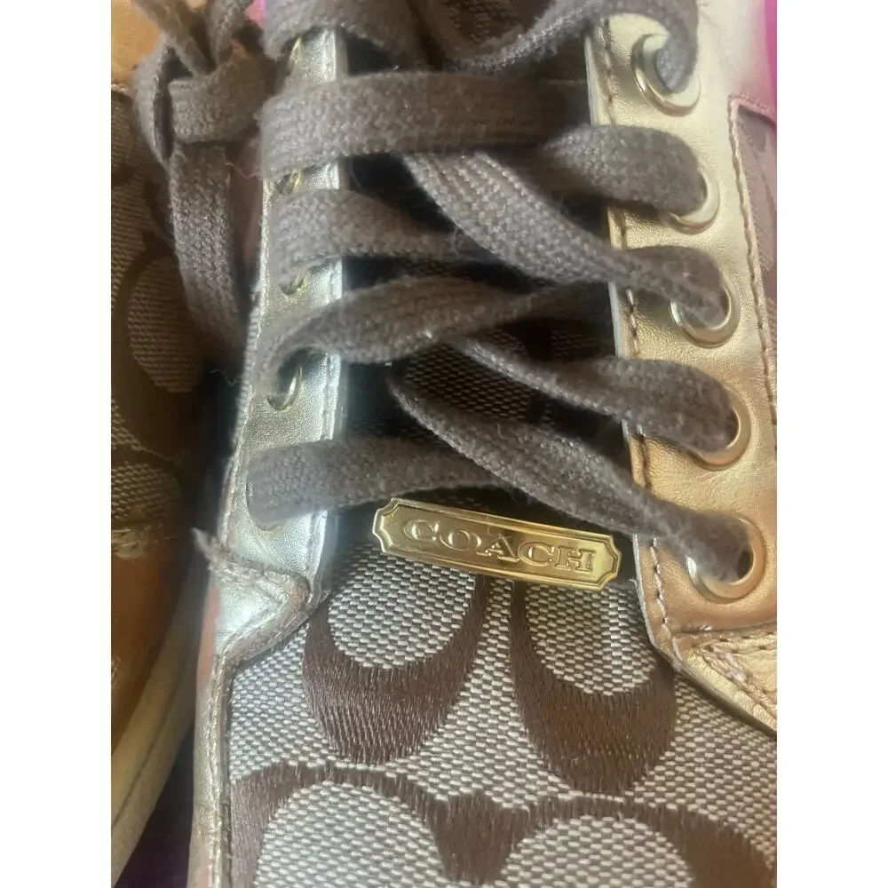 COACH Norra High Top Sneakers Gold Shoes Lace Up Size 7 Leather Canvas